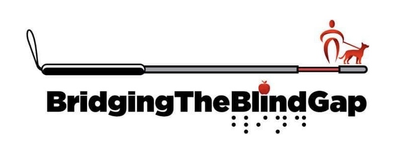 Bridging the Blind Gap logo. Braille for the word blind under the word blind. Cane across the top bridging the blind gap with a representation of a person with a guide dog making it to the end of the logo.