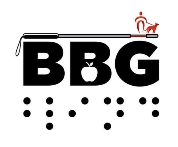 Bridging The Blind Gap LLC Logo - Top of logo shows a drawing of a person and guide dog walking on a cane Bridging the gaps Down below that is BBG short for Bridging the Blind Gap and below that is the word blind in braille.