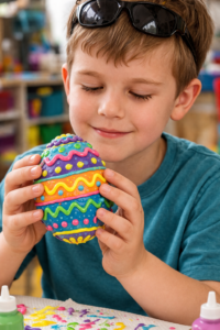 Blind child holding a colorful easter egg with puff paint to make a tactile easter egg!